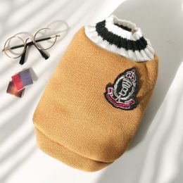 Autumn and winter new knitting vest V-neck college style pet dog cat clothes vest Teddy Bomei supplies (colour: 278 Badge Sweater khaki, size: 2XL)