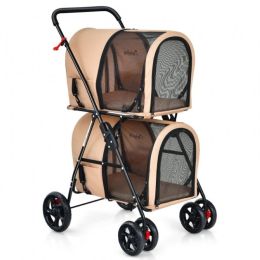 Double Pet Stroller 4-in-1 With Detachable Carrier And Travel Carriage (Type: Pets, Color: Beige)