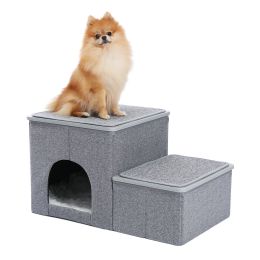 Foldable Pet stairs 2 steps for dogs puppies, Multi-functional Dog stairs for bed or car with kennel & storage box, Useful 2 steps ladder ramp for cat (Color: gray)